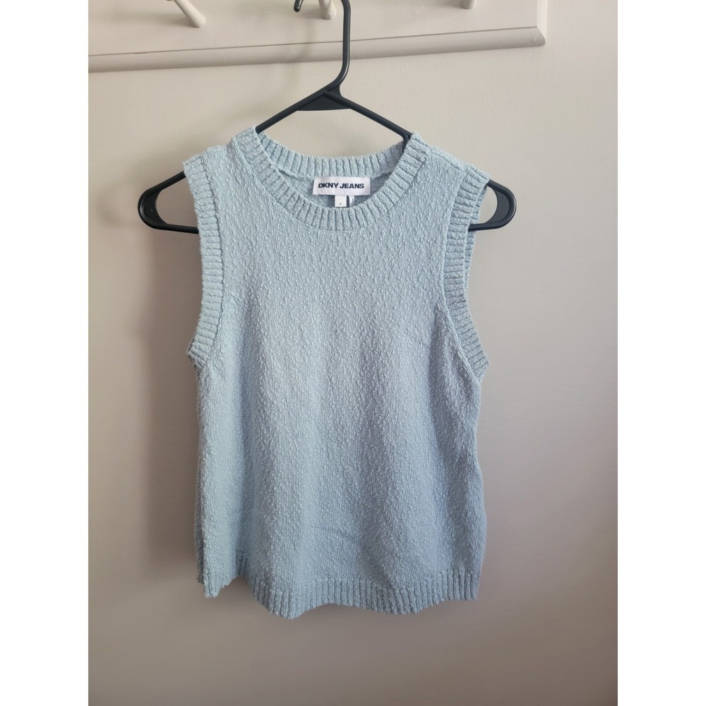 DKNY Light Blue Women's Small Sleeveless Sweater Blouse Textured Career Crewneck